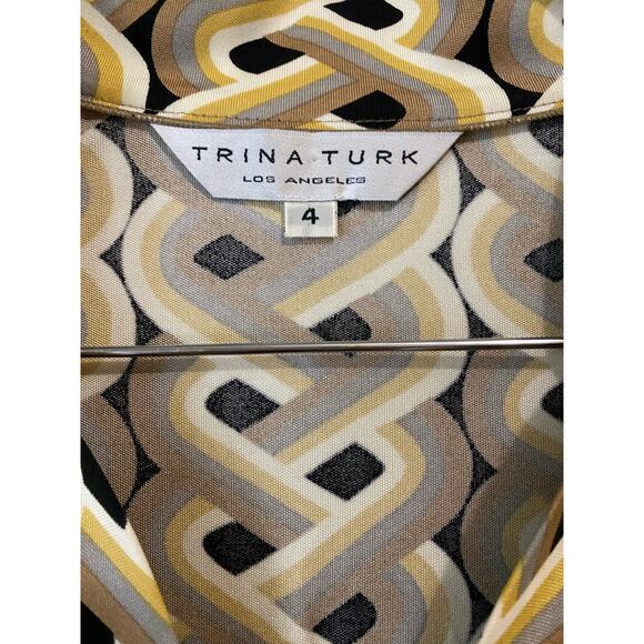 Trina Turk 100% Silk Mini Dress US 4 Neutral Geometric Print Retro Hippie 70s - Picture 7 of 9